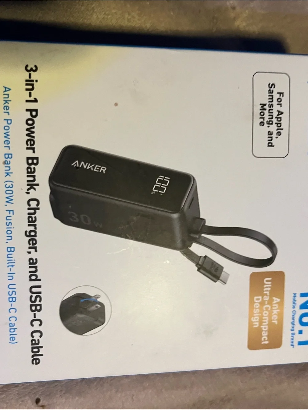 Anker 3-in-1 30W Power Bank Charger with Built-in Cable - Black